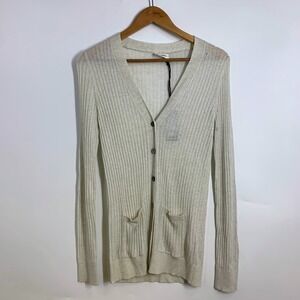 The Reset R LABEL Ribbed Knit Cardigan Button Front Long Sleeve Beige Women